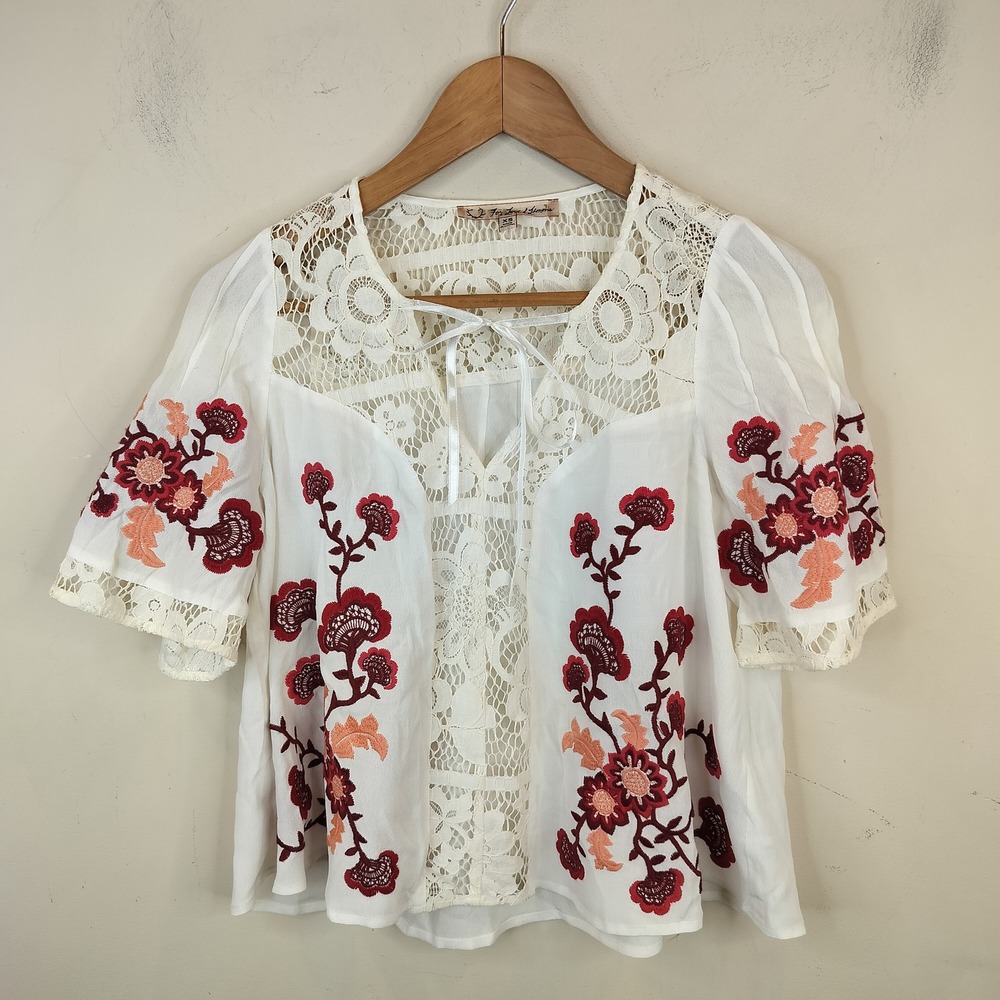 For Love & Lemons Isabella Floral Embroidered Lace Top XS Satin Tie Neck White